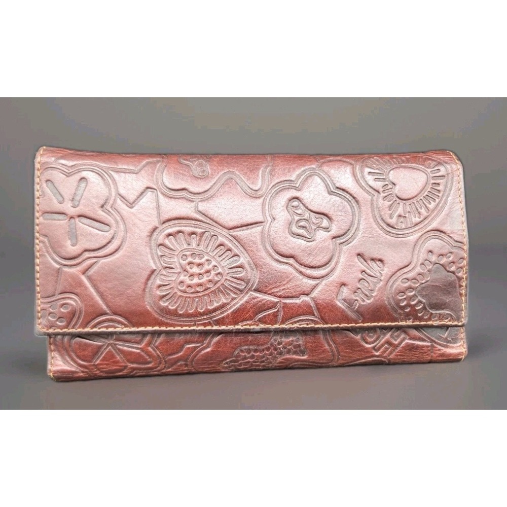 TOUS Fresh Brown Leather Wallet Embossed Bear Heart TriFold Logo Clutch Vintage